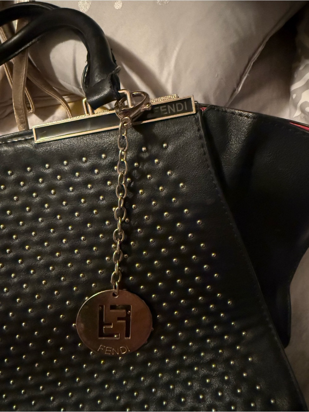 Fendi Black Leather Studded Tote with Gold Charm - Picture 3 of 11